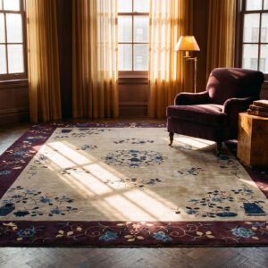 Rectangle 1920s Knotted Room Size Ivory Wool Chinese Antique - Art Deco Rug (SKU 23418) - room view