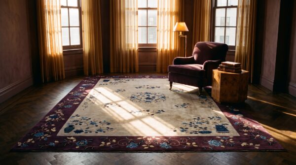 Rectangle 1920s knotted room size ivory wool chinese antique - art deco rug 7 Rectangle 1920s knotted room size ivory wool chinese antique - art deco rug (sku 23418) - room view