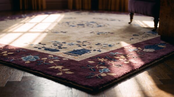 Rectangle 1920s knotted room size ivory wool chinese antique - art deco rug 8 Rectangle 1920s knotted room size ivory wool chinese antique - art deco rug (sku 23418) - in-room detail