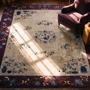 Rectangle 1920s Knotted Room Size Ivory Wool Chinese Antique - Art Deco Rug (SKU 23418) - styled overhead view