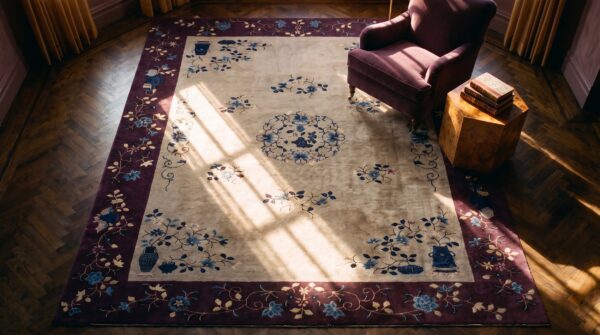 Rectangle 1920s knotted room size ivory wool chinese antique - art deco rug 2 Rectangle 1920s knotted room size ivory wool chinese antique - art deco rug (sku 23418) - styled overhead view