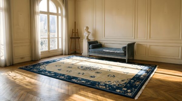 Rectangle 1920s antique room size ivory wool knotted chinese - peking rug (sku 25241) - room view