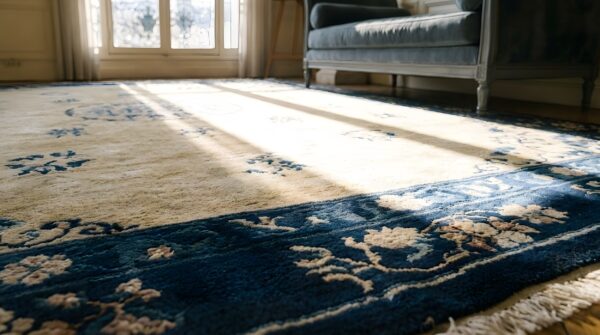 Rectangle 1920s antique room size ivory wool knotted chinese - peking rug (sku 25241) - in-room detail