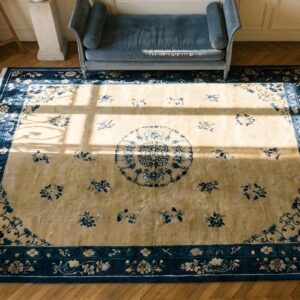 Rectangle 1920s Antique Room Size Ivory Wool Knotted Chinese - Peking Rug (SKU 25241) - styled overhead view
