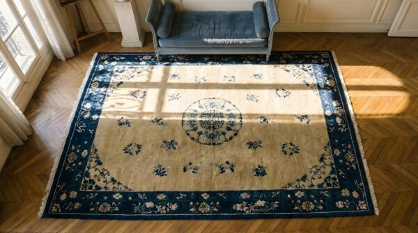 Rectangle 1920s antique room size ivory wool knotted chinese - peking rug (sku 25241) - styled overhead view
