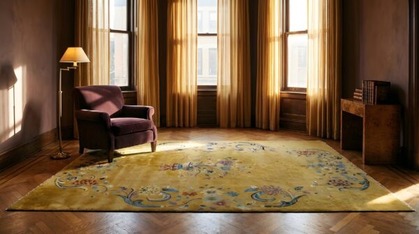 Hand knotted pile wool rectangle antique 1920s yellow chinese art deco rug 8 Hand knotted pile wool rectangle antique 1920s yellow chinese art deco rug (sku 24468) - room view