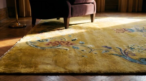 Hand knotted pile wool rectangle antique 1920s yellow chinese art deco rug 9 Hand knotted pile wool rectangle antique 1920s yellow chinese art deco rug (sku 24468) - in-room detail