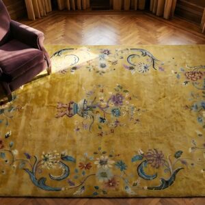 Hand Knotted Pile Wool Rectangle Antique 1920s Yellow Chinese Art Deco Rug (SKU 24468) - styled overhead view