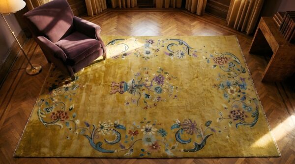 Hand knotted pile wool rectangle antique 1920s yellow chinese art deco rug 2 Hand knotted pile wool rectangle antique 1920s yellow chinese art deco rug (sku 24468) - styled overhead view