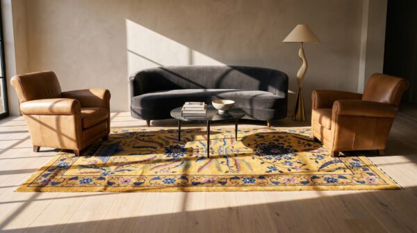 Rectangle wool 1920s antique yellow chinese art deco rug (sku 24710) - room view
