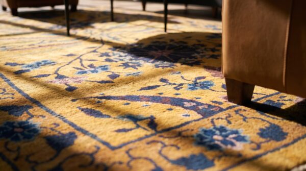 Rectangle wool 1920s antique yellow chinese art deco rug (sku 24710) - in-room detail