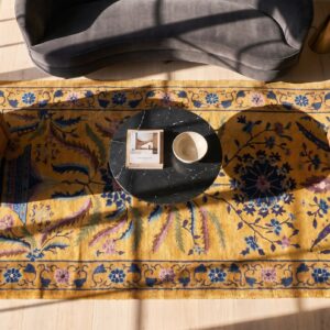 Rectangle Wool 1920s Antique Yellow Chinese Art Deco Rug (SKU 24710) - styled overhead view