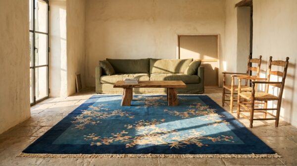 Rectangle wool hand knotted pile 1925 antique blue rug 8 Rectangle wool hand knotted pile 1925 antique blue rug (sku 22881) - room view