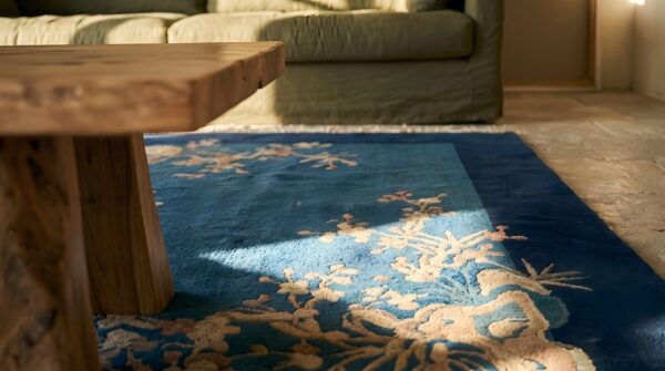 Rectangle wool hand knotted pile 1925 antique blue rug 9 Rectangle wool hand knotted pile 1925 antique blue rug (sku 22881) - in-room detail