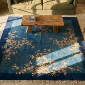 Rectangle Wool Hand Knotted Pile 1925 Antique Blue Rug (SKU 22881) - styled overhead view