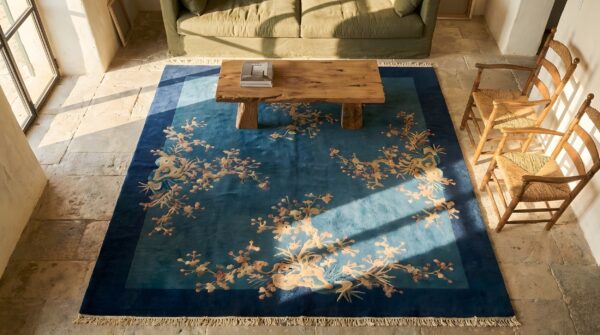 Rectangle wool hand knotted pile 1925 antique blue rug 2 Rectangle wool hand knotted pile 1925 antique blue rug (sku 22881) - styled overhead view