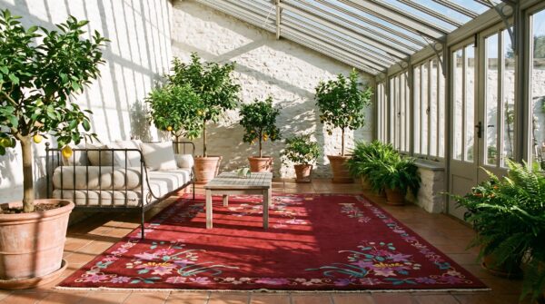 Rectangle 1930s knotted wool antique chinese room size - art deco coral rug 6 Rectangle 1930s knotted wool antique chinese room size - art deco coral rug (sku 21861) - room view