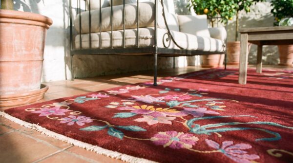 Rectangle 1930s knotted wool antique chinese room size - art deco coral rug 7 Rectangle 1930s knotted wool antique chinese room size - art deco coral rug (sku 21861) - in-room detail
