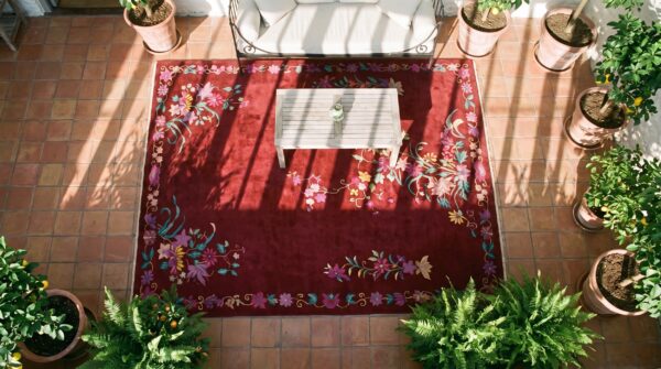 Rectangle 1930s knotted wool antique chinese room size - art deco coral rug 2 Rectangle 1930s knotted wool antique chinese room size - art deco coral rug (sku 21861) - styled overhead view