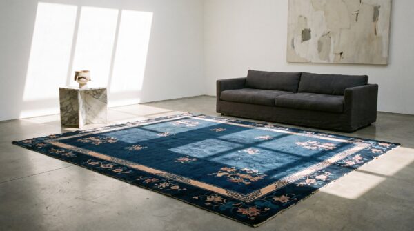 Rectangle 1930s floral hand knotted pile antique blue wool rug 7 Rectangle 1930s floral hand knotted pile antique blue wool rug (sku 22697) - room view