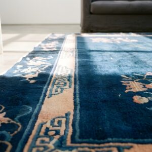 Rectangle 1930s Floral Hand Knotted Pile Antique Blue Wool Rug (SKU 22697) - in-room detail