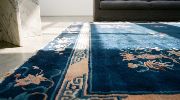 Rectangle 1930s floral hand knotted pile antique blue wool rug 8 Rectangle 1930s floral hand knotted pile antique blue wool rug (sku 22697) - in-room detail