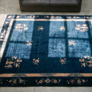 Rectangle 1930s Floral Hand Knotted Pile Antique Blue Wool Rug (SKU 22697) - styled overhead view