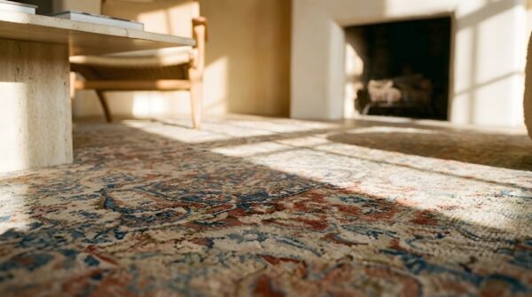 Wool rectangle 1930s antique ivory beige cream white large allover floral hand knotted pile rug 11 Wool rectangle 1930s antique ivory beige cream white large allover floral hand knotted pile rug (sku 25415) - in-room detail