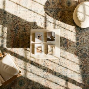 Wool Rectangle 1930s Antique Ivory Beige Cream White Large Allover Floral Hand Knotted Pile Rug (SKU 25415) - styled overhead view