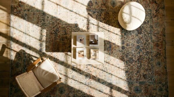Wool rectangle 1930s antique ivory beige cream white large allover floral hand knotted pile rug 2 Wool rectangle 1930s antique ivory beige cream white large allover floral hand knotted pile rug (sku 25415) - styled overhead view