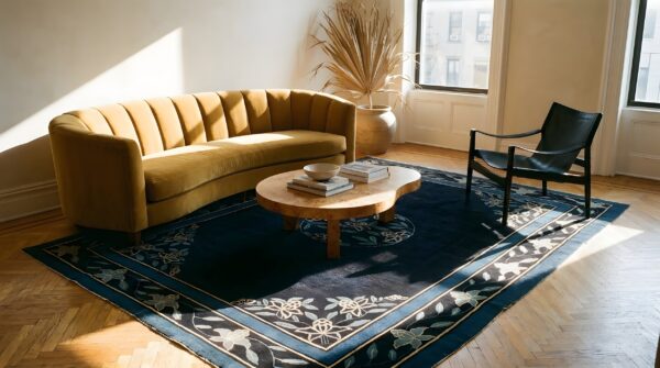 Rectangle antique 1930s room size wool chinese blue knotted - peking rug 11 Rectangle antique 1930s room size wool chinese blue knotted - peking rug (sku 25812) - room view