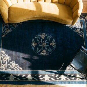 Rectangle Antique 1930s Room Size Wool Chinese Blue Knotted - Peking Rug (SKU 25812) - styled overhead view