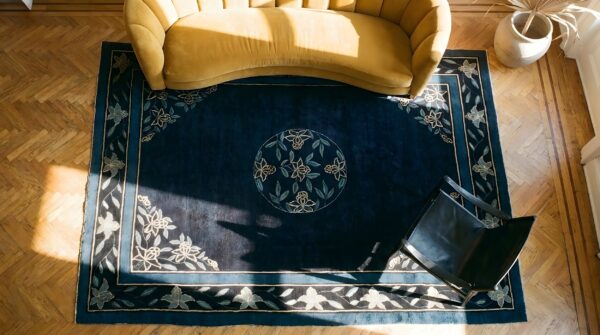 Rectangle antique 1930s room size wool chinese blue knotted - peking rug 2 Rectangle antique 1930s room size wool chinese blue knotted - peking rug (sku 25812) - styled overhead view