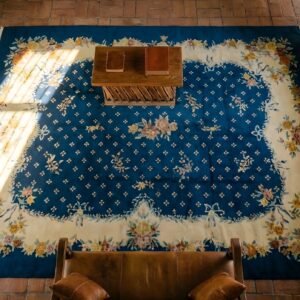 Wool Rectangle 1935 Chinese Antique Knotted - Art Deco Room Size Blue Rug (SKU 25673) - styled overhead view