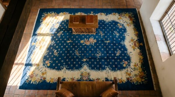 Wool rectangle 1935 chinese antique knotted - art deco room size blue rug 2 Wool rectangle 1935 chinese antique knotted - art deco room size blue rug (sku 25673) - styled overhead view