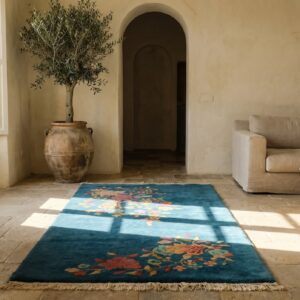 Rectangle Allover Floral Antique Hand Knotted Pile Wool 1920s Blue Rug (SKU 22554) - room view