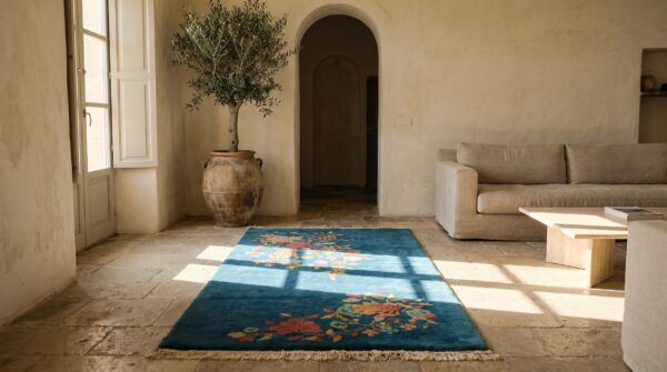Rectangle allover floral antique hand knotted pile wool 1920s blue rug (sku 22554) - room view