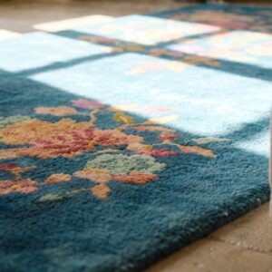 Rectangle Allover Floral Antique Hand Knotted Pile Wool 1920s Blue Rug (SKU 22554) - in-room detail