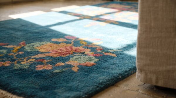 Rectangle allover floral antique hand knotted pile wool 1920s blue rug (sku 22554) - in-room detail