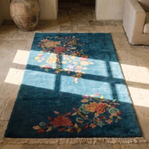 Rectangle Allover Floral Antique Hand Knotted Pile Wool 1920s Blue Rug (SKU 22554) - styled overhead view