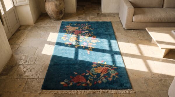 Rectangle allover floral antique hand knotted pile wool 1920s blue rug (sku 22554) - styled overhead view