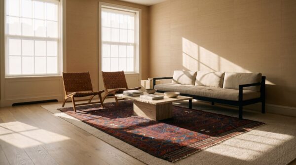 Rectangle hand knotted pile allover geometric 1890s wool blue antique rug (sku 25491) - room view