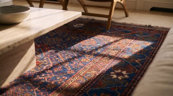 Rectangle hand knotted pile allover geometric 1890s wool blue antique rug (sku 25491) - in-room detail