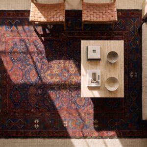 Rectangle Hand Knotted Pile Allover Geometric 1890s Wool Blue Antique Rug (SKU 25491) - styled overhead view