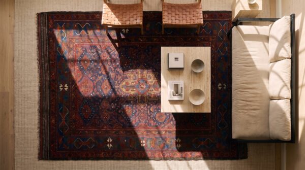 Rectangle hand knotted pile allover geometric 1890s wool blue antique rug (sku 25491) - styled overhead view