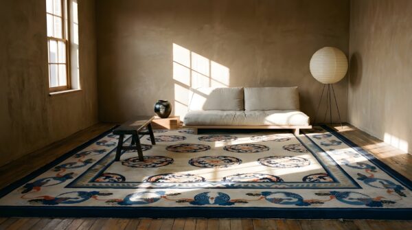 Wool hand knotted pile rectangle allover geometric ivory beige cream white antique 1920s rug (sku 25714) - room view