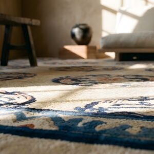 Wool Hand Knotted Pile Rectangle Allover Geometric Ivory Beige Cream White Antique 1920s Rug (SKU 25714) - in-room detail