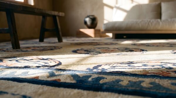 Wool hand knotted pile rectangle allover geometric ivory beige cream white antique 1920s rug (sku 25714) - in-room detail