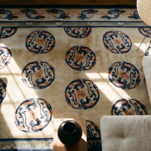 Wool Hand Knotted Pile Rectangle Allover Geometric Ivory Beige Cream White Antique 1920s Rug (SKU 25714) - styled overhead view