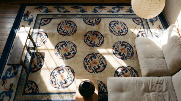 Wool hand knotted pile rectangle allover geometric ivory beige cream white antique 1920s rug (sku 25714) - styled overhead view
